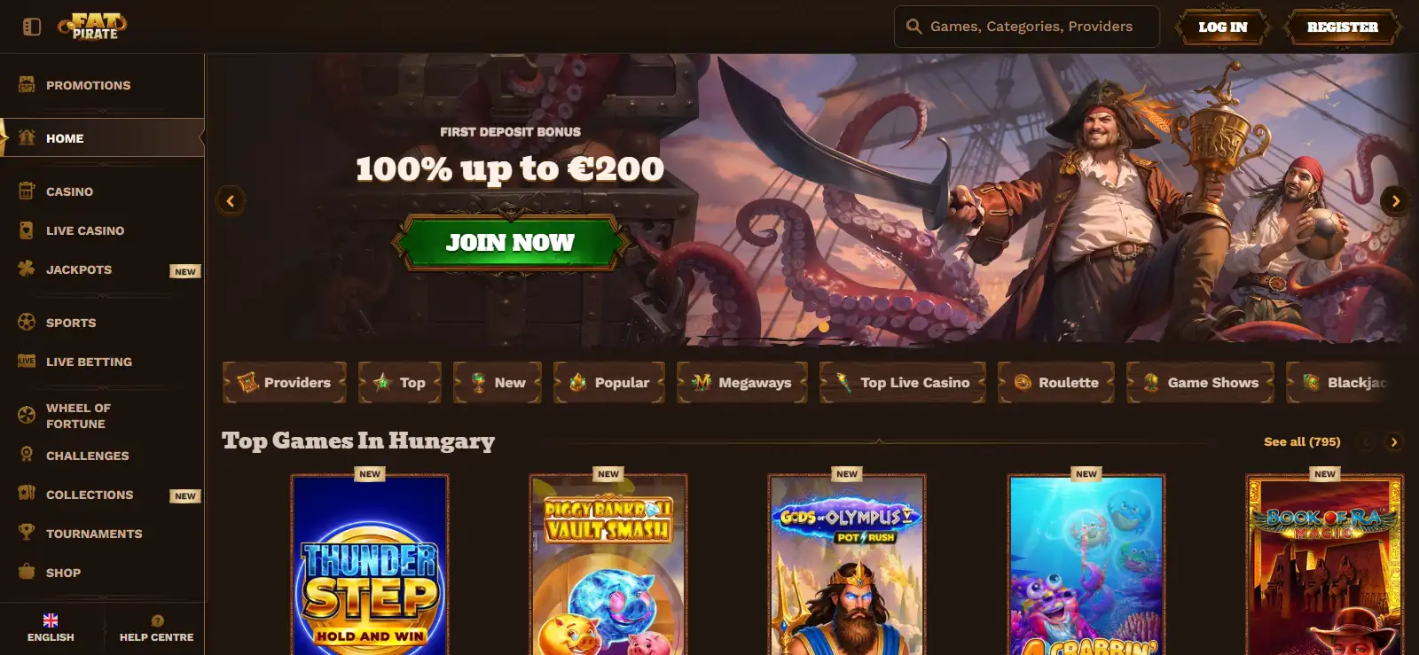 FatPirate homepage and main casino interface