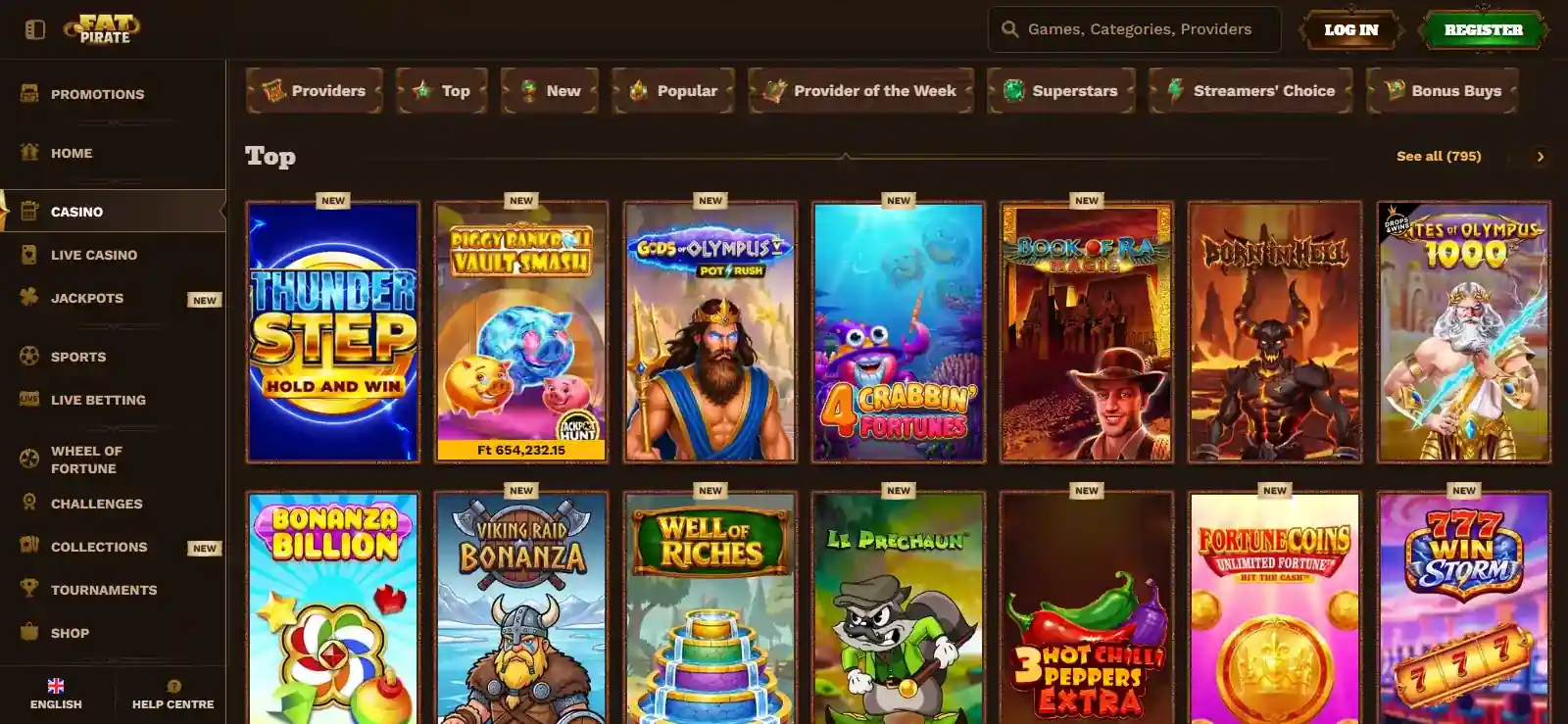 FatPirate casino lobby showing game categories
