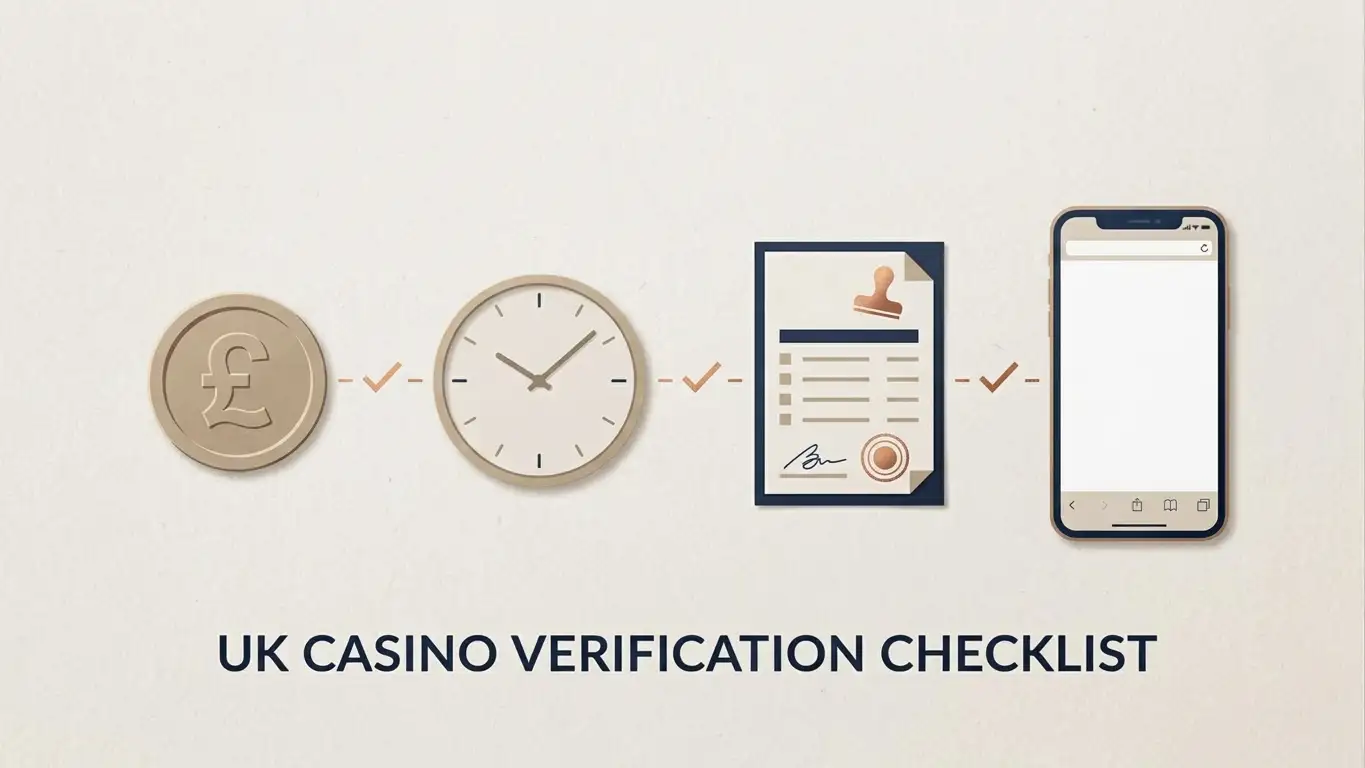 Editorial illustration of a UK casino verification checklist with GBP, a withdrawal clock, a licence register and a mobile browser